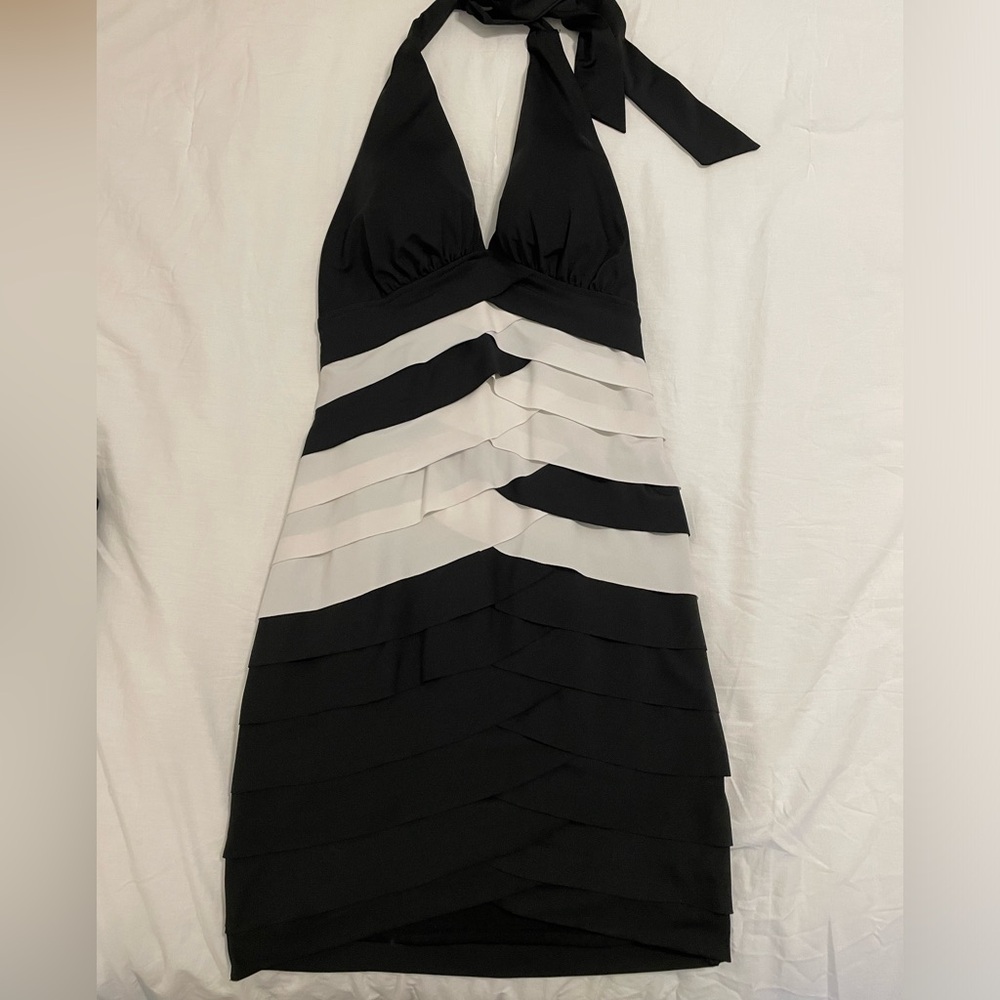 Black and white halter cocktail dress